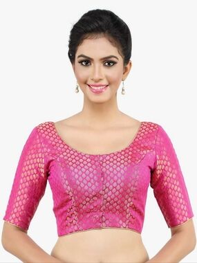 Women's Brocade Saree Crop Top Blouse Elbow Sleeves Pink & Gold Size 44 New